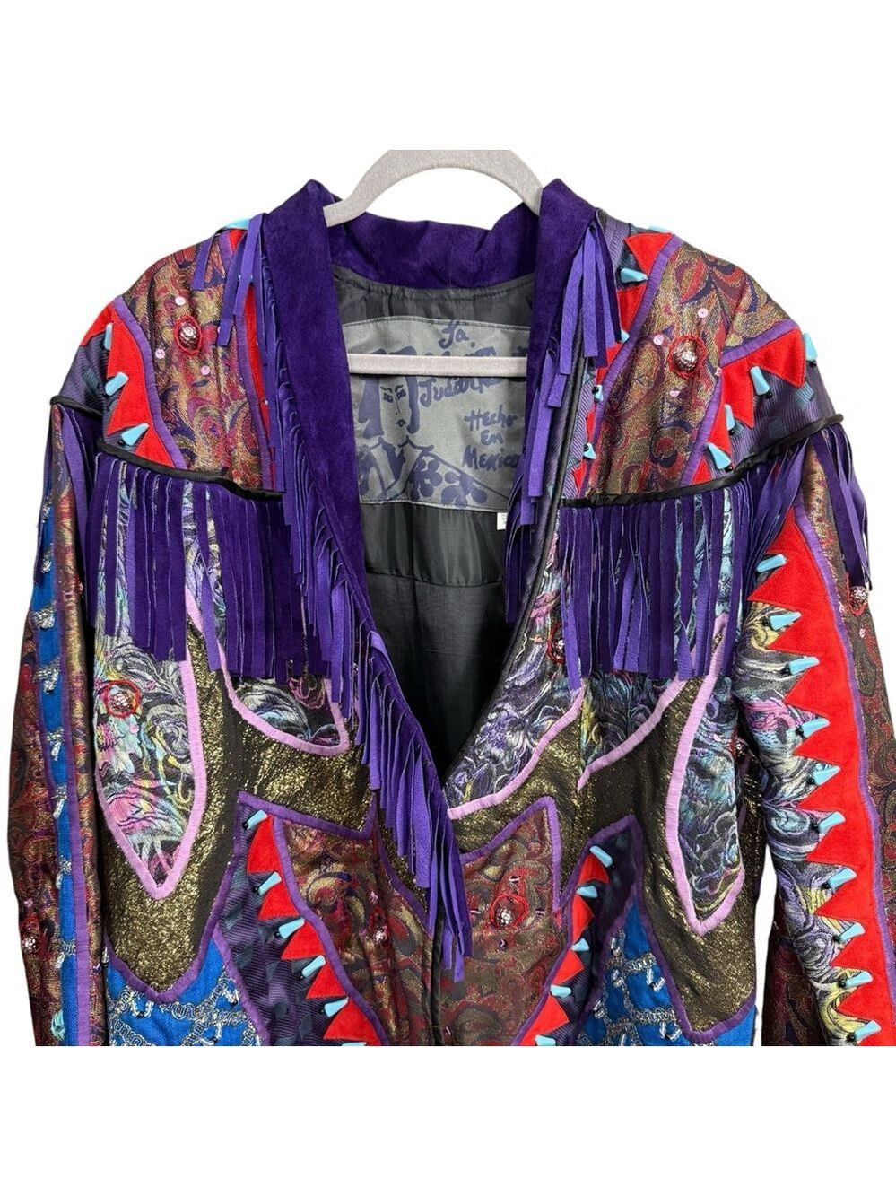 Vintage Judith Roberts Mexico Patchwork Fringe Jacket Beaded Western L/XL - Picture 7 of 16